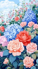 Wall Mural - Watercolor painting showcasing beautiful roses and hydrangeas in full bloom