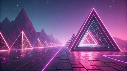 Wall Mural - Futuristic neon pyramids in a surreal landscape