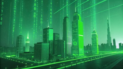 Wall Mural - Futuristic cityscape with green digital effects