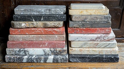 Aufkleber - Stacked marble slabs, various colors, wooden background, interior setting, design samples