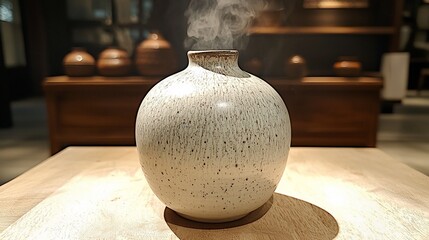 Canvas Print - Steaming ceramic vase on wooden table, pottery shop background, aromatherapy