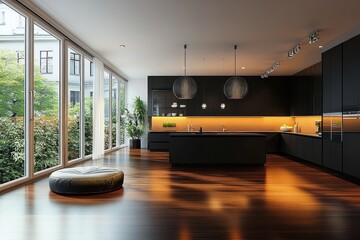 Wall Mural - Modern Kitchen Living Room Interior with Hardwood Floors and Natural Light