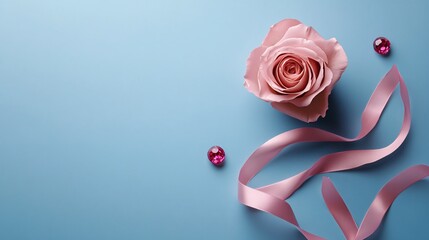 Poster - Pink rose with ribbon lying on pastel blue background