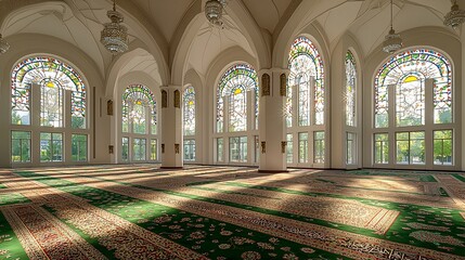 Poster - Sunlit Mosque Interior, Prayer Hall, Stained Glass, Tranquil, Spiritual