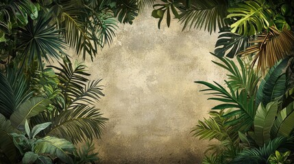 Wall Mural - Tropical leaves frame, textured background, jungle foliage, design element, website banner