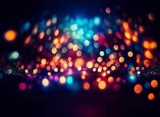 Wall Mural - vibrant, colorful, blurry lights on a dark backdrop form a festive bokeh, creating an abstract, drea