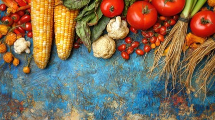 Poster - Autumn harvest vegetables on rustic blue background; food photography for recipe blogs