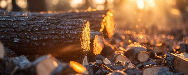 Aufkleber - Firewood drying in the sun with golden hour lighting