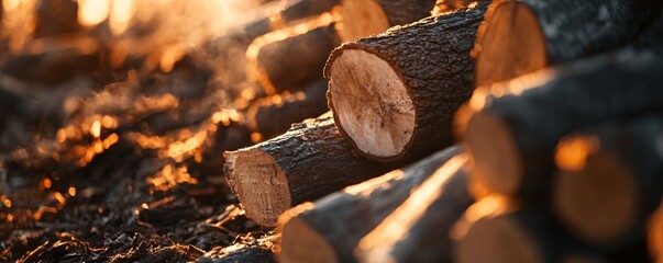 Aufkleber - Stack of firewood logs catching golden light at sunset