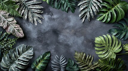 Wall Mural - Tropical leaves frame, dark background, nature design, website banner