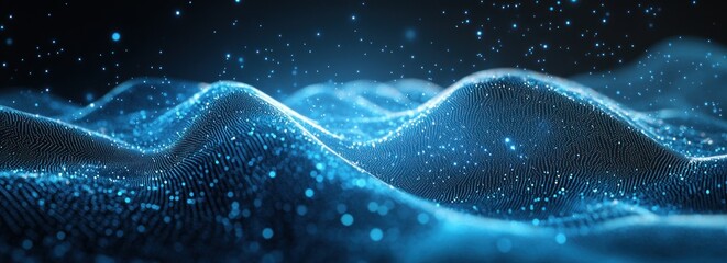 Fototapete - Abstract blue glowing particle wave landscape.