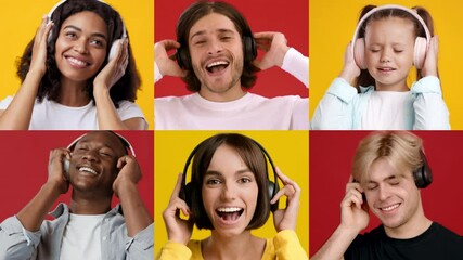 Poster - Six individuals, varying in age wear headphones while enjoying music. They express joy and excitement, creating a lively atmosphere with vibrant colors around them.
