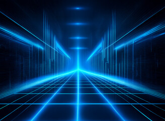 Aufkleber - A perspective view of a glowing blue grid creates a futuristic tunnel effect with bright light at the vanishing point.