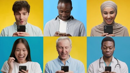 Poster - A multiracial collection of individuals, including men and women of different ages, share smiles while using their smartphones against colorful backgrounds.