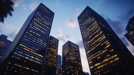 Aufkleber - Stunning twilight view of modern skyscrapers with illuminated windows against a dramatic sky : Generative AI