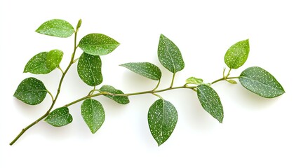 Green twig with leaves lies on a white background, showing the texture for web use