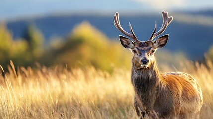 Poster - Majestic deer with antlers standing in a sunlit field surrounded by greenery : Generative AI