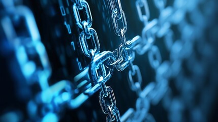 Poster - Closeup view of interconnected steel chains symbolizing strength and security in a digital age : Generative AI