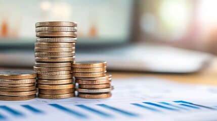 Aufkleber - Stack of shiny coins on paper financial charts representing investment growth and economic prosperity in business : Generative AI