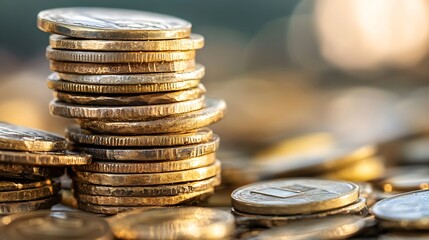 Fototapete - Stacks of golden coins arranged aesthetically on a table highlighting wealth and financial success in a blurry background : Generative AI