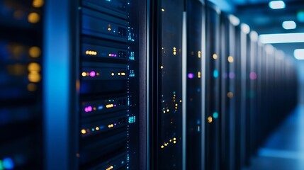 Poster - Modern data center featuring rows of server racks illuminated with colorful LED lights : Generative AI