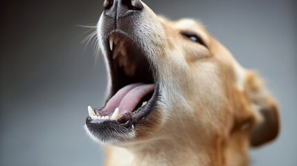 Poster - Close up of a large dog yawning showing teeth and expressing a relaxed demeanor : Generative AI