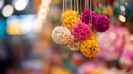 Aufkleber - Vibrant and colorful pom pom decorations hanging in a festive setting with blurred background : Generative AI