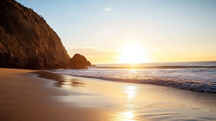 Fototapete - Serene sunset view over tranquil beach with gentle waves lapping against golden sand : Generative AI