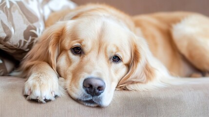 Aufkleber - Cute Golden Retriever Dog Lying Comfortably on a Couch with Soft Texture : Generative AI