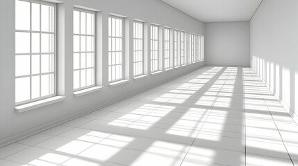 Poster - Sunlight streams into long white room, empty space, design