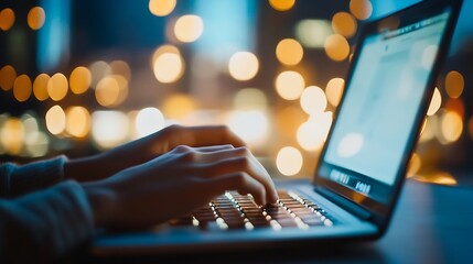 Aufkleber - Focused person typing on a laptop with blurred city lights in the background creating a cozy atmosphere : Generative AI