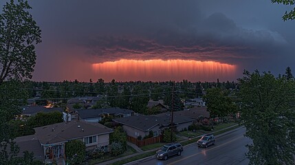 Canvas Print - Sunset rain over suburban neighborhood, dramatic sky, weather photography, website background