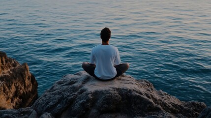 Aufkleber - Calm person meditating on a rock overlooking serene ocean water during sunrise or sunset : Generative AI