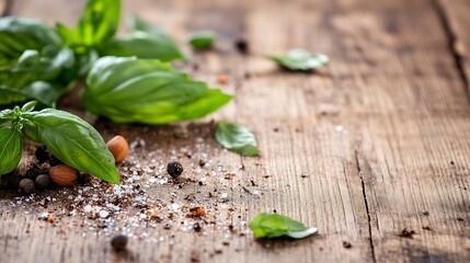 Poster - Fresh basil leaves and spices scattered on wood background creating an appealing kitchen scene : Generative AI