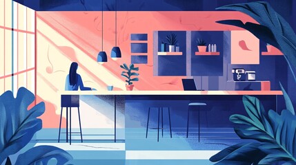Poster - Woman working from home office in modern kitchen in morning light