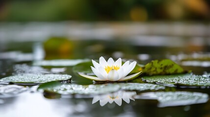 Poster - Beautiful water lily floating on calm pond surface surrounded by green lotus leaves in serene nature setting : Generative AI
