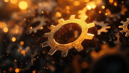 Poster - Glowing Metal Gears Interlock, Precisely Working in Perfect Harmony, Dynamically Rotating, Illuminating Innovation and Mechanics