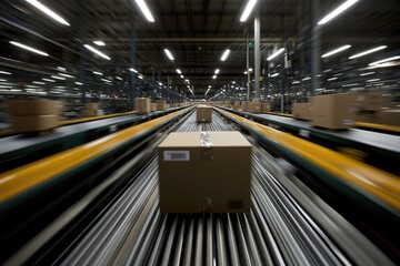 Poster - Fast-Moving Cardboard Boxes on Conveyor Belts in a Warehouse, Efficient Distribution Center Operations