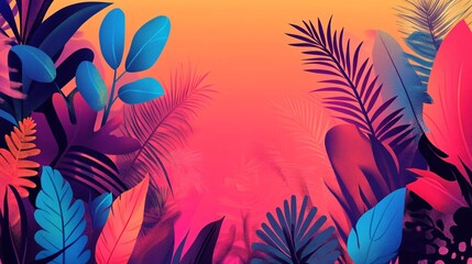 Poster - Vibrant colorful tropical plants frame bordering a red orange gradient background