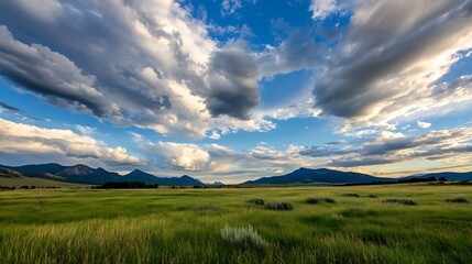 Poster - Expansive landscape with rolling green hills and dramatic clouds under a bright blue sky : Generative AI