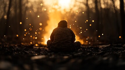 Aufkleber - Silhouetted figure sitting by a campfire with sparks flying during sunset in a tranquil forest setting : Generative AI