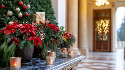 Poster - Elegant Christmas Decor Arrangement with Red Poinsettias and Glowing Candles : Generative AI