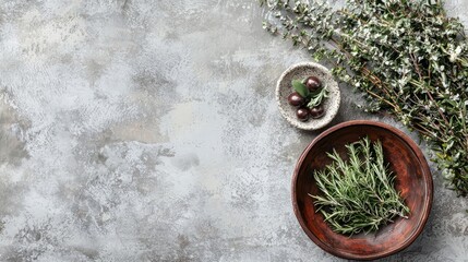 Canvas Print - Rosemary, olives, thyme on rustic background; culinary, recipe, food blog