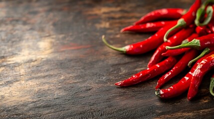 Aufkleber - Vibrant red chili peppers arranged on a dark wooden background showcasing their spice and culinary appeal : Generative AI