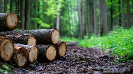 Aufkleber - Wood logs stacked neatly in a lush green forest creating a serene and natural environment for outdoor enthusiasts : Generative AI