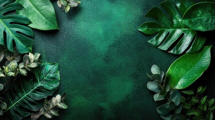 Wall Mural - Lush green leaves frame dark background; nature, botanical,  design template