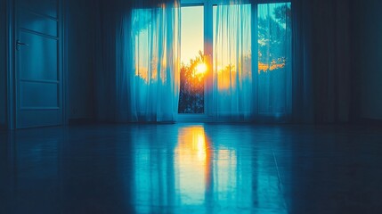 Poster - Sunset view through sheer curtains in empty room