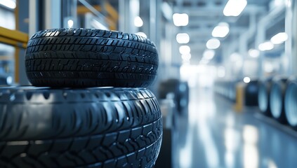 Poster - Manufacturing Facility: Rubber Tire Production, Quality Control, and Distribution Processes in Industrial Setting