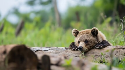 Poster - Young brown bear resting its chin on a log in a lush green forest setting : Generative AI