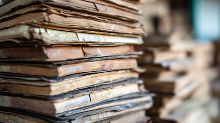 Poster - Stacked vintage books on a shelf showcasing worn covers and rich textures in an old library : Generative AI